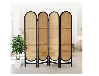 4 Panel Room Divider, Double Hinged Foldable Wooden Room Divider, Individual Privacy Screen Made of Hand-Woven Rattan, Portable Wall Divider for Home