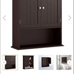 Wall Mount Bathroom Cabinet Storage Organizer with Doors and Shelves-Brown