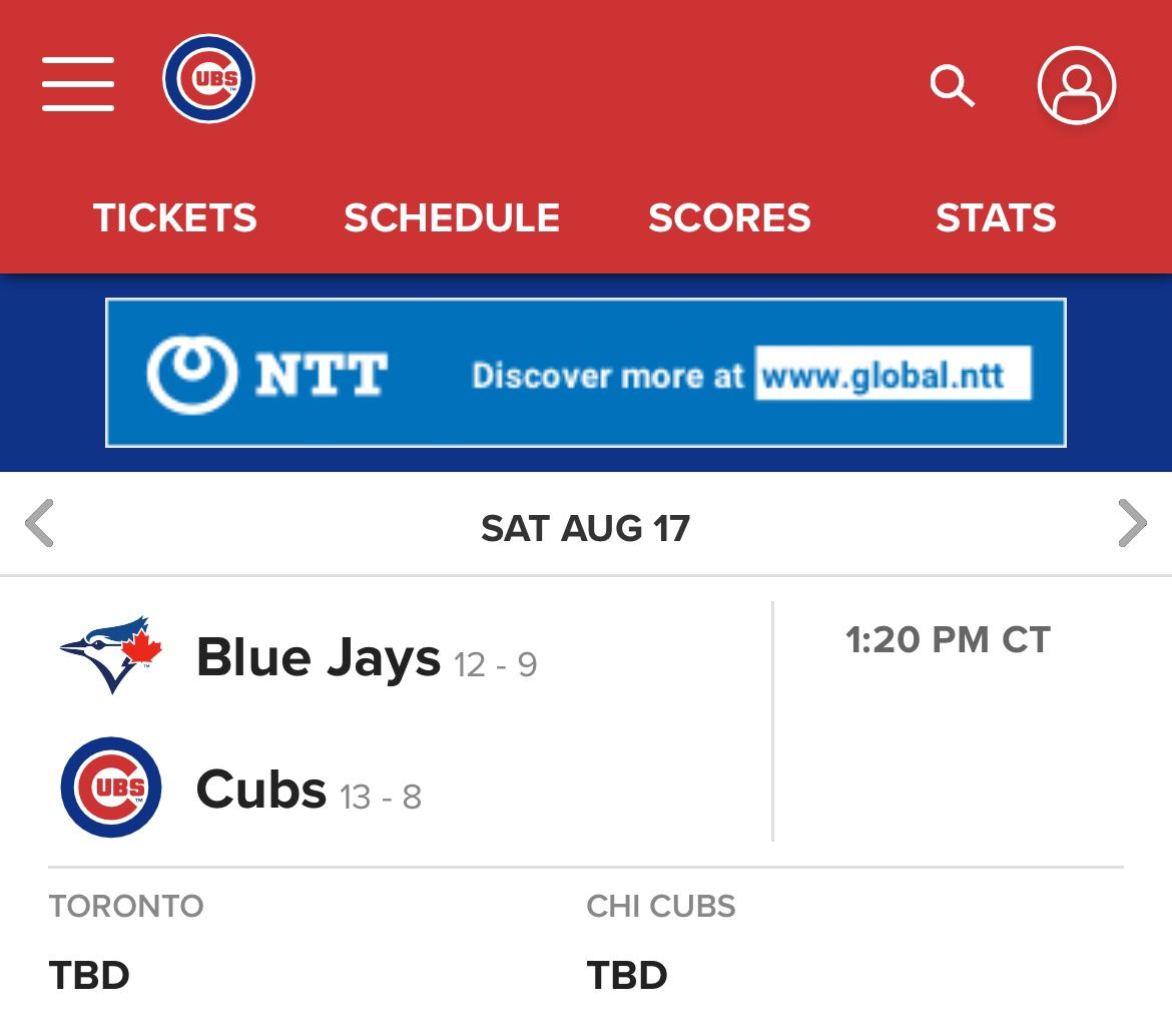 Cubs Vs Blu Jays- Saturday August 17