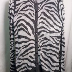 Ann Klein Cardigan L Sweater Jacket Animal Print Black Gray WOOL BLEND WOMENS 