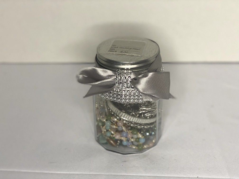 VINTAGE JEWELRY JARS FILLED WITH WATCHES,  RINGS, BRACELETS,  BROOCHES & MORE COMES IN A DECORATIVE JAR 