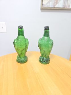 2 Vintage Green Glass Bald Eagle Decanters