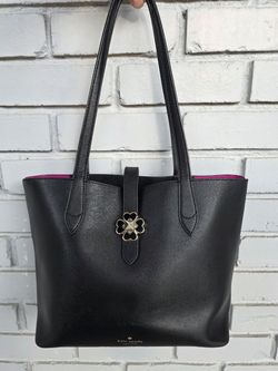 Kate Spade New York Black Leather Clover Turnlock Tote Bag, Pink Interior
