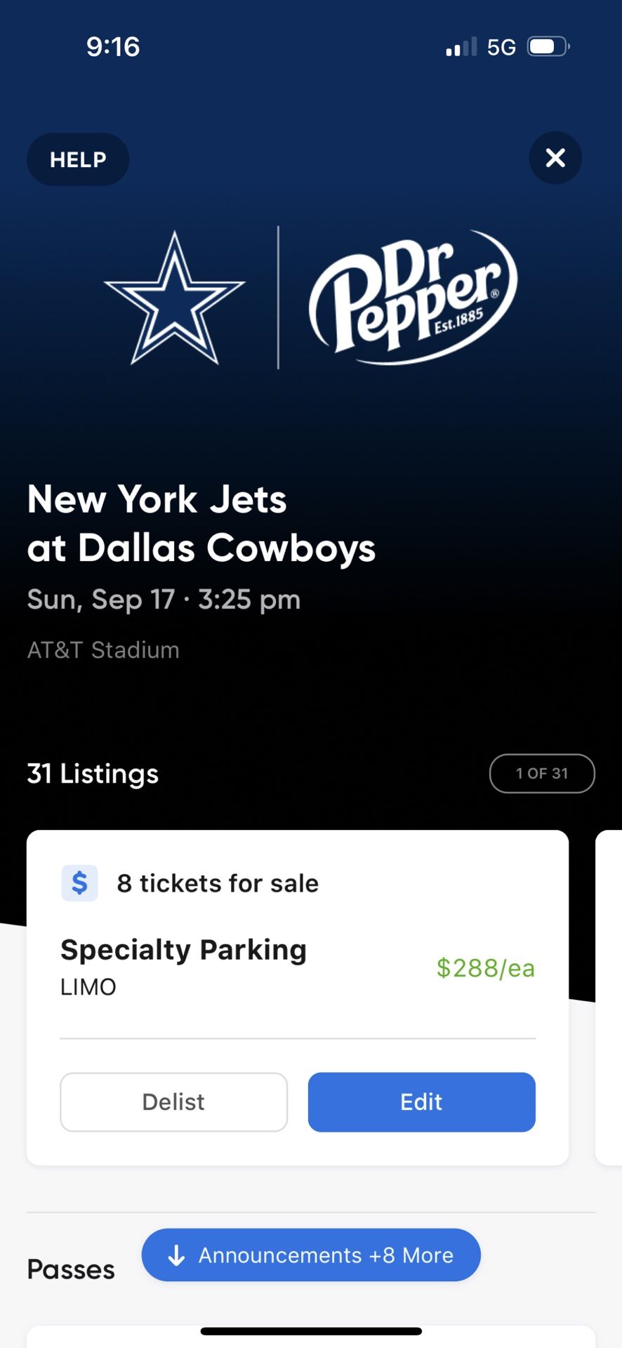 VIP Parking Passes For New York Jets @ Dallas Cowboys Tickets