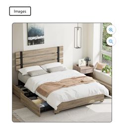 Full Bed Frame with 4 Storage Drawers, Industrial Wood and Metal Panel Headboard, Grayish