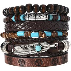 Handmade Braided Leather Bracelet for Men Women Adjustable Bohemian Ethnic Tribal Multilayer Wooden Beaded Hemp Rope Wristbands Wrap Cuff Bracelet