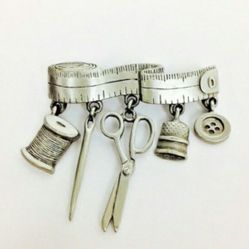 Vintage JJ sewing charms brooch Pin pewter scissor.