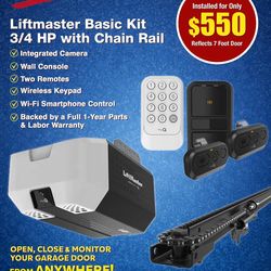 LiftMaster 2220L 3/4 HP Garage Door Opener – Installed w/ 7’ Chain Rail, Keypad & 2 Remotes