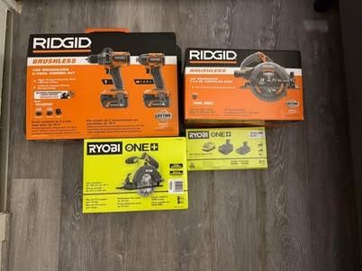 (Value Bundle) Ridgid Brushless 2-Tool Combo Kit, 18V Burshless Circular Saw, and Ryobi One 18v Circular Saw with Batteries