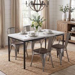 Homy Casa CAJON 150+KRICOX 5-Piece Dining Set 59" White Marble Dining Table with 4 KRICOX Silver Wood Chairs Open Box