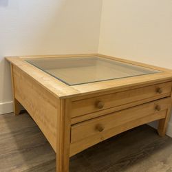 Solid Pine Wood Coffee Table With Glass Top
