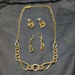 Gold Plated Chain & Two Sets Of Earrings.