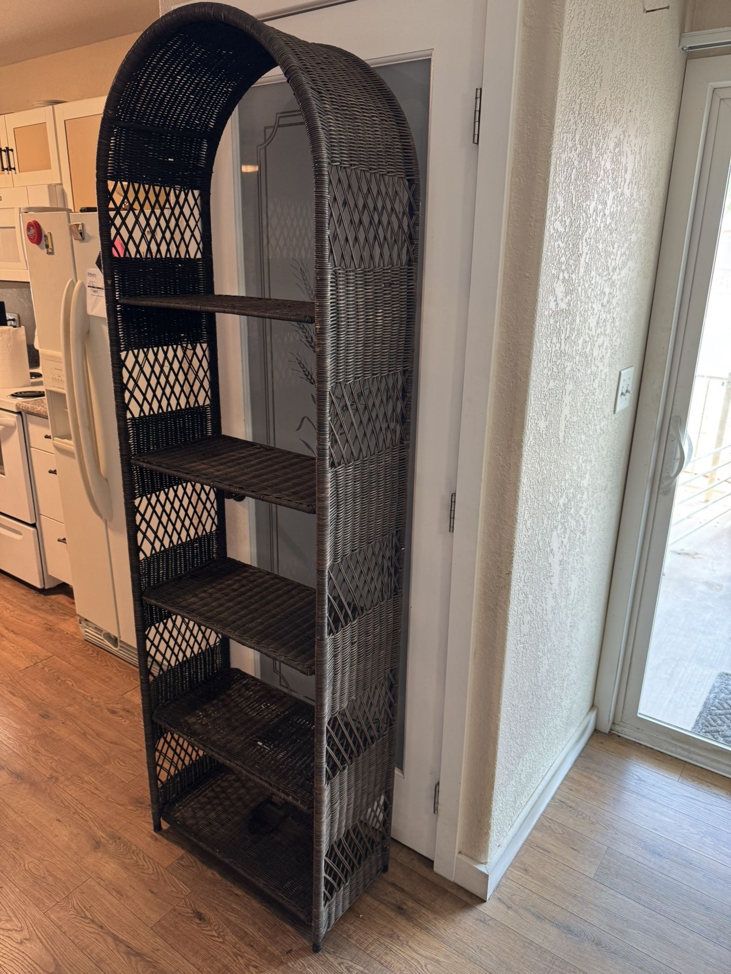 Vintage Beautiful Rattan Arched Etagere shelving unit..