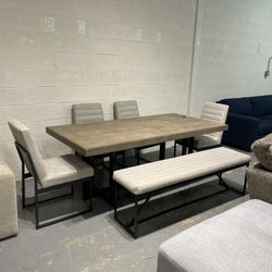 Stone Harbor dining table set with 4 chairs and bench