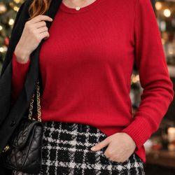 Talbots Petites Red Ribbed Knit Top Shoulder Buttons Petite Large