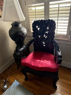 Antique Chinese Carved Dragon Throne Armchair set (2), and round table