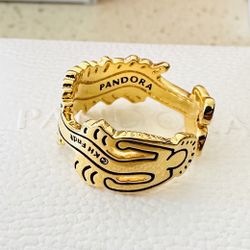 Pandora Keith Haring x Pandora Wavy Figure Open Ring #162226C01 + PANDORA HINGED BOX & Polishing Cloth + Tag