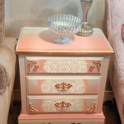 Blush Pink & Gold Nightstand – Elegant Vintage Side Table by WalkWood Furniture
