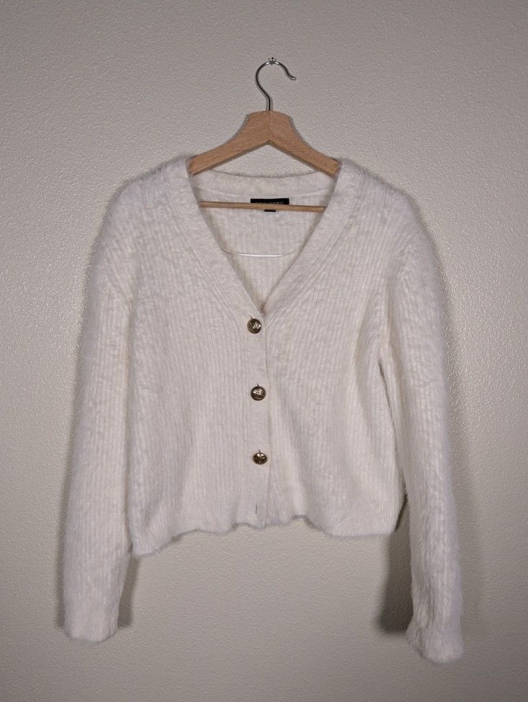 Banana Republic White Faux Fur Cardigan With Gold Buttons