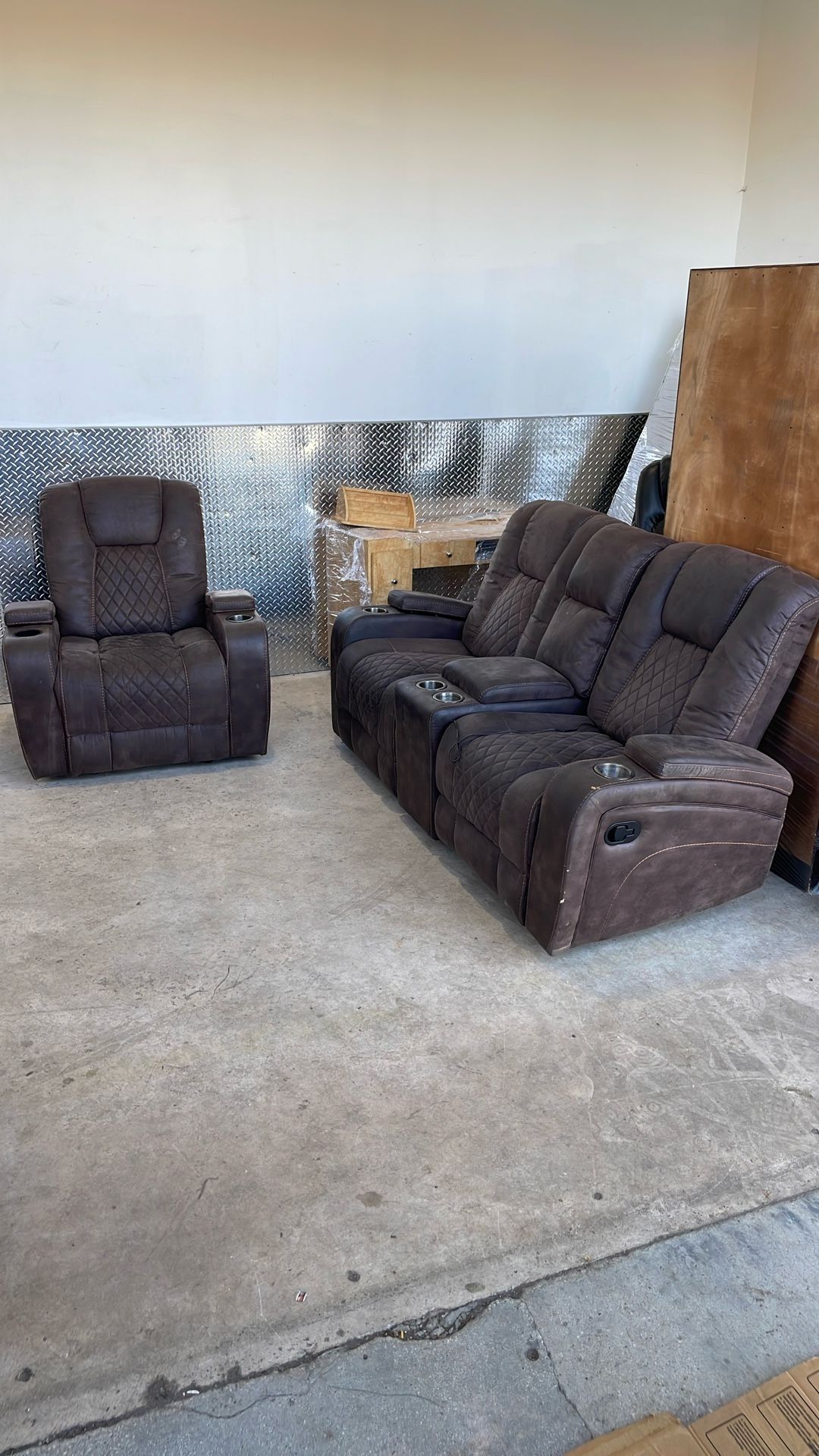 Faux Suade Love Seat And Chair - Brown 