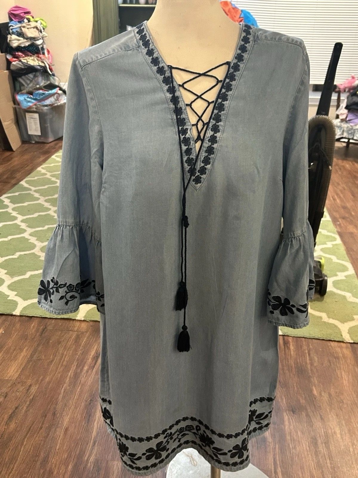 Forest Lily Women’s Size XL Blue Chambray 3/4 Sleeve Boho Hippie Dress 
