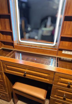 Wooden Vanity Desk with LED Mirror and Stool