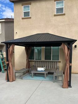 10x12 Hardtop Metal Gazebo,Heavy Duty Pergola with Mosquito Nets&Galvanized Steel,Sturdy Outdoor Canopies Tent,Suitable for Gardens,Patio,Backyard 