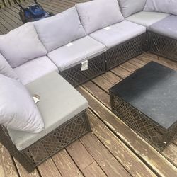 onversion)  Outdoor Wicker Patio Sectional Set + Coffee Table – Seats 6