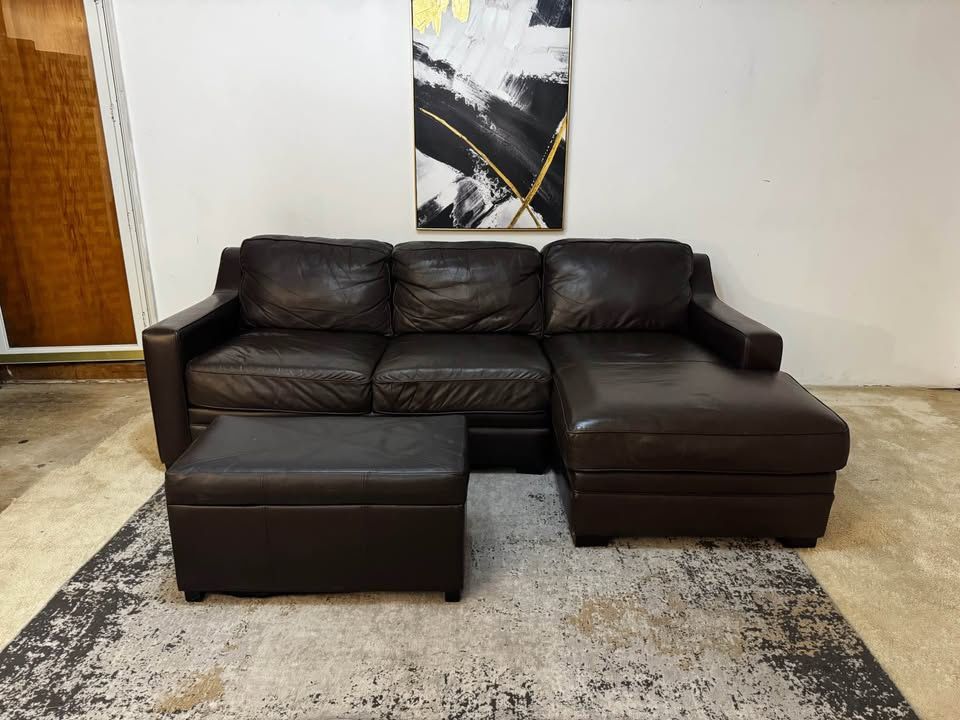 Brown Leather 3-Seater Sectional Sofa with Ottoman