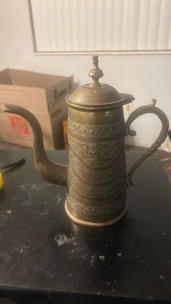Copper Brass Teapot Ornate Etched Lid Handle Antique Vintage 9.5" tall