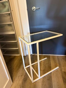 Ikea White Metal Side Table with Glass Top