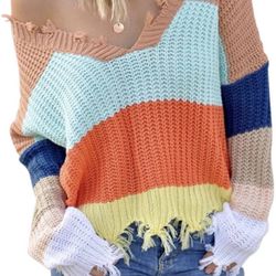 Women V-Neck Long Sleeve Loose Ripped Pullover Knit Sweater Crop Top (size Small)