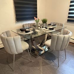 Modern Dining Set – Glass Table + 4 Chairs (Seats 6)