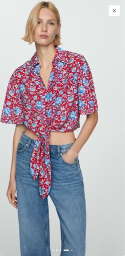 Mango printed Floral Tie-Front Crop Shirt size xs