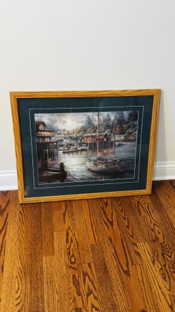 30”x24” Framed Nautical Harbor Scene Print | Sailboat Dock Art | Oak Frame Teal Mat | Coastal Wall Art