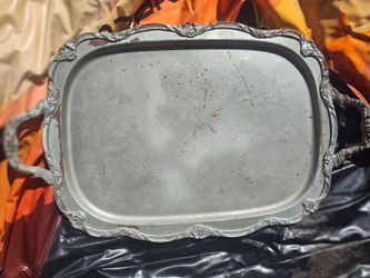 Silver-Tone Ornate Serving Tray with Handles large and very heavy