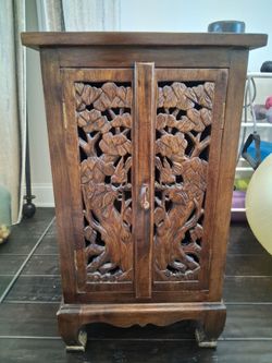 Hand-Carved Solid Wood Accent Cabinet / End Table