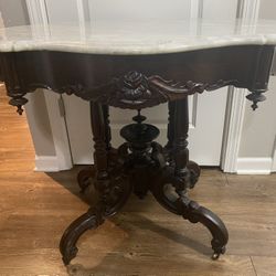 Antique Victorian Oval Carved Walnut Marble-Top Parlor Table, circa 1890