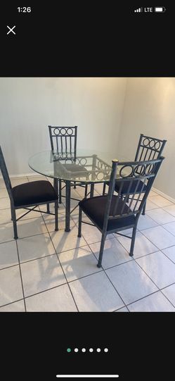 Dining Set Metal And Glass Top Round Glass 48” Diameter And 4 Chairs