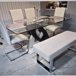 Armen Living Contemporary White Leatherette Chrome Bench