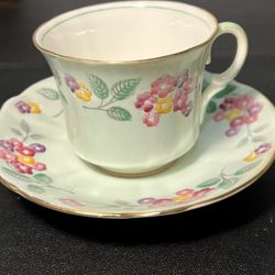 E.B. & Co. Foley Vintage 1940s Bone China Green Primroses Cup Saucer, England