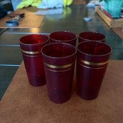 Ruby Red Glass Tumblers with Gold Bands – Set of 5