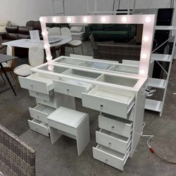 11 Drawers Makeup Vanity with Charging Station, Vanity Desk with 13 LED Bulbs,Glass Top,White