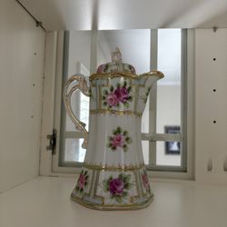 Antique Nippon Hand-Painted Floral Porcelain Coffee Pot w/ Gold Trim – Rare Collectible
