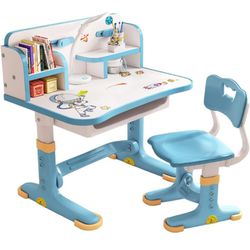 NEW OPEN BOX Cuteam Height Adjustable Childen Study Writing Desk & Chair Set W/ Drawer in BLUE