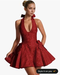 Red Jacquard Satin Halter Mini Dress with Bows short V-Neck Homecoming Dress - Like New xs