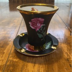Vintage Bavarian 24 Karat Gold Etched Porcelain Cup And Ashtray With Rose