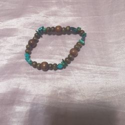 Turquoise And Wood Bead Bracelet 