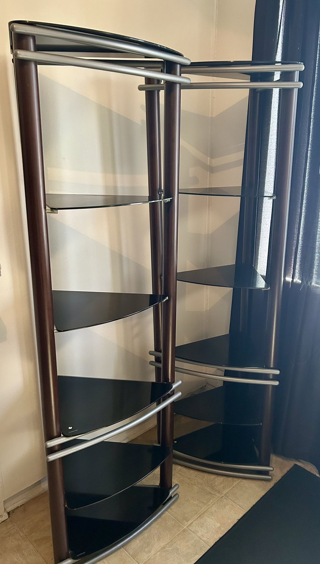 3 Piece Dark Brown &  Black  Metal  Shelves with Dark Glass & Silver Trim 