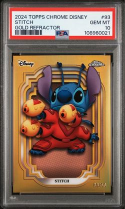 2024 TOPPS CHROME DISNEY 93 STITCH TRUE GOLD REFRACTOR /50 PSA 10